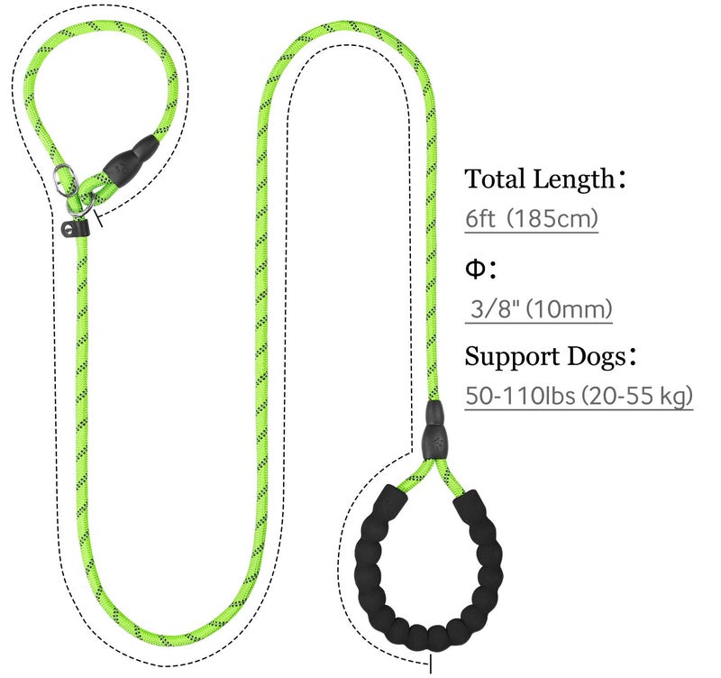 TagME Slip Leads for Dogs, 6 FT Heavy Duty Slip Leash with Padded Handle, Strong Rope No Pull Pet Training Leash for Medium Dogs,Green - Image 2